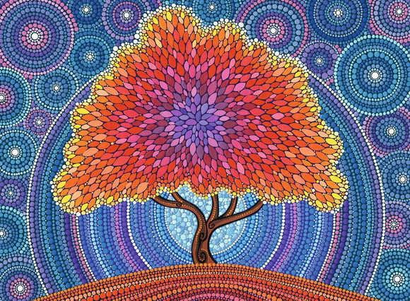 A vibrant jigsaw puzzle featuring a stylized Tree of Life with a colorful canopy composed of leaves in shades of orange, pink, and purple. The background is filled with swirling circular patterns in varying colors, creating a whimsical and enchanting atmosphere.