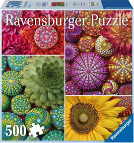 A 500-piece jigsaw puzzle titled 'Mandala Blooms' by Elspeth McLean, featuring vibrant floral patterns and colorful mandala designs. The puzzle box displays a collage of bright flowers and intricately decorated stones, showcasing a range of colors including pink, green, yellow, and blue. Ideal for puzzle enthusiasts and art lovers.