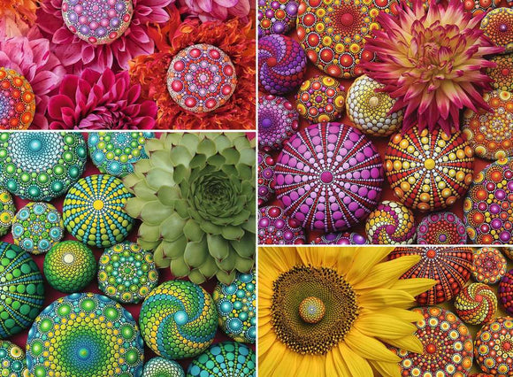 A vibrant jigsaw puzzle featuring Elspeth McLean's Mandala Blooms design, showcasing a collage of colorful floral patterns and decorative stones in vivid hues of pink, green, and yellow, arranged in an intricate, mesmerizing layout.