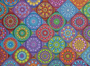 Elspeth McLean's 'Magnificent Ma' jigsaw puzzle showcases a vibrant design filled with colorful mandala patterns organized within circular and square shapes. It features intricate details with various hues of red, blue, green, yellow, and purple, creating a visually appealing and engaging puzzle for enthusiasts of all ages.