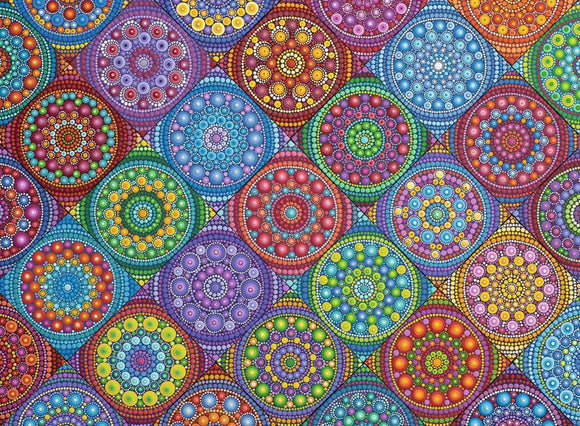 Elspeth McLean's 'Magnificent Ma' jigsaw puzzle showcases a vibrant design filled with colorful mandala patterns organized within circular and square shapes. It features intricate details with various hues of red, blue, green, yellow, and purple, creating a visually appealing and engaging puzzle for enthusiasts of all ages.