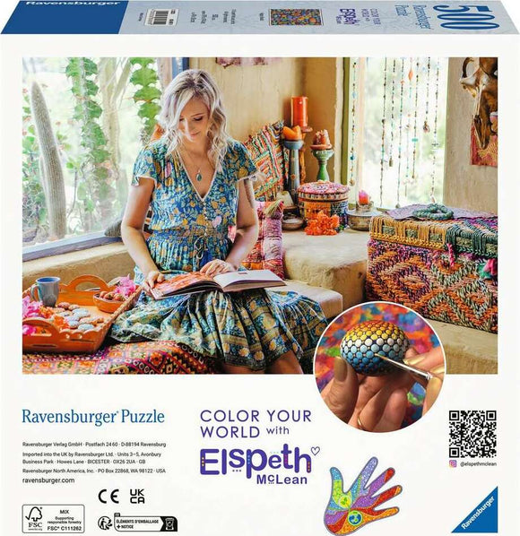 The Elspeth McLean Happy Beads jigsaw puzzle by Ravensburger features a colorful image that invites creativity. The product showcases a serene scene of a woman with long, wavy hair, dressed in a vibrant dress, sitting on a plush, decorative couch. She is reading a book surrounded by rich tapestries and ornamental crafts, conveying a warm, inviting atmosphere. The puzzle includes an artistic representation of beautifully painted beads, enhancing its appeal for enthusiasts of design and color.