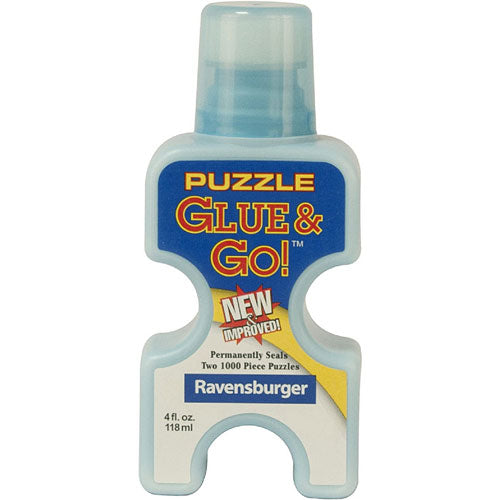 A bottle of Puzzle Glue & Go! by Ravensburger. The bottle is light blue with a red and yellow label that reads 'Puzzle Glue & Go!' and 'NEW IMPROVED'. It is designed for sealing jigsaw puzzles, capable of permanently sealing two 1000 piece puzzles. The bottle has a squeeze design for easy application.