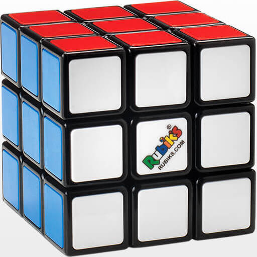 A close-up view of a traditional 3x3 Rubik's Cube with a colorful design featuring red, blue, white, and other colored squares. The cube is in a solved position, showcasing its iconic look. It is a mechanical puzzle made by Spin Master, designed for challenging and engaging gameplay.