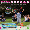 A young child in a gray shirt and shorts is joyfully waving a bubble wand to create large bubbles in a grassy outdoor setting. Nearby adults are seated and enjoying the sunny day. Colorful graphics indicate that this activity is perfect for birthday parties, camping trips, school events, outdoor fun, and backyard bubble parties, making it great for the whole family.