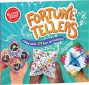 Fortune Tellers Kit by Klutz features colorful origami-style fortune tellers. The cover showcases hands holding various designs, asking fun questions like 'Will you write a hit song?' and 'Will you discover your superpower?' The kit promises 24 interactive activities to engage and entertain kids.