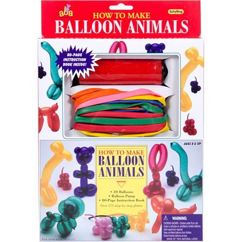 A colorful Balloon Animal Kit by Schylling, featuring 20 assorted balloons, a balloon pump, and an 80-page instruction book. The packaging showcases various balloon animals that can be created, catering to ages 6 and up, and emphasizes creativity and fun.