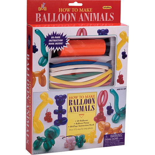 Schylling Balloon Animal Kits featuring a vibrant packaging. The kit includes 20 colorful balloons, a balloon pump, and an 80-page instruction book, designed for ages 8 and up. Perfect for creating fun balloon animals and enhancing creativity.