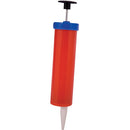 A red and blue balloon pump designed for inflating various balloon animals. The pump features a sturdy handle and a streamlined design for easy usage, ensuring quick inflation.