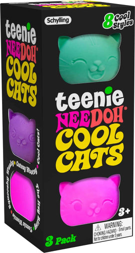 Teenie Cool Cat Nee Doh, a pack of three colorful, squishy cat-themed fidget toys by Schylling. Each toy features a different cat design in vibrant pastel colors including pink, green, and purple. The packaging showcases playful graphics and indicates that there are 8 styles available. A warning label on the side suggests that the product is not suitable for children under 3 years due to small parts.