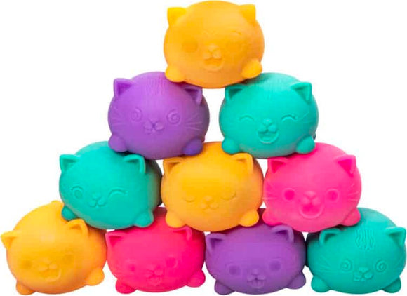 A colorful stack of ten squishy cat-shaped fidget toys in various bright colors including purple, pink, teal, and yellow. Each toy features a different facial expression, adding to their playful charm. This delightful collection is perfect for stress relief and sensory play.
