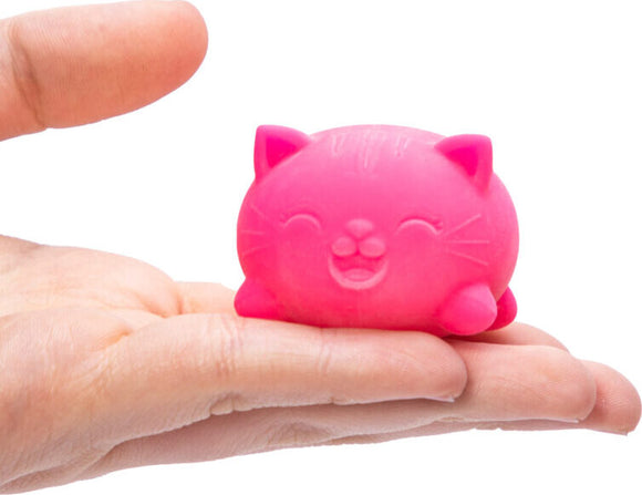 A person holding a small, bright pink, cat-shaped fidget toy called Teenie Cool Cat Nee Doh by Schylling. The toy features a smiling face with rounded ears and is designed for stress relief and sensory play.