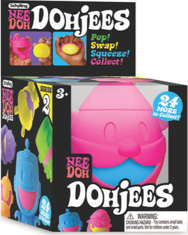 The Nee Doh Dojee - Wave 2 by Schylling features a vibrant, colorful box showcasing multiple characters. The packaging highlights the fun of popping, swapping, and squeezing the Dohjees, with a playful design aimed at those 3 years and older. It emphasizes the collection aspect, showcasing '24 more to collect' for added excitement.