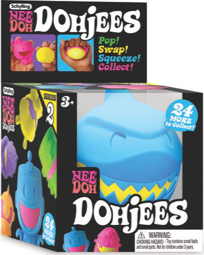 Nee Doh Dojee - Wave 2 by Schylling features colorful, squishy fidget toys designed to pop, swap, and squeeze. Packaged for ages 3 and up, it highlights 24 different collectible characters, including playful designs in vibrant colors, perfect for sensory play and stress relief.