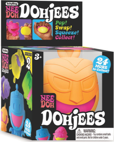 The Nee Doh Dojee Wave 2 by Schylling is a colorful fidget toy collection featuring characters in various colors. The packaging showcases a vibrant design with the text 'Pop! Swap! Squeeze! Collect!' Prominently displayed in front is an orange character with a playful expression, alongside other colorful figures. This fun and engaging toy is perfect for stress relief and sensory play.