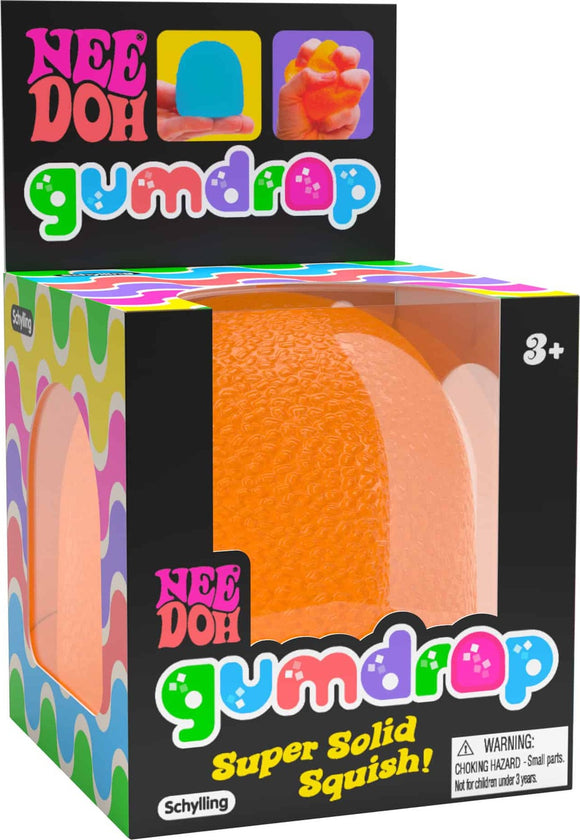 The Nee Doh Gumdrop by Schylling features a vibrant orange squishy toy displayed in its colorful packaging. The box showcases images of hands interacting with the product, emphasizing its soft, tactile feel. It's designed for ages 3 and up, promoting sensory play and relaxation.