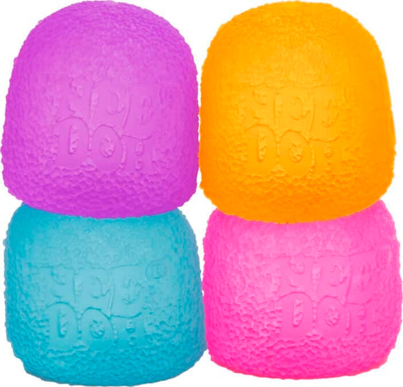 Set of four colorful Needoh Gumdrop fidget toys by Schylling. The gumdrops are in vibrant purple, orange, blue, and pink colors, designed for sensory play and stress relief. Each toy features a unique textured surface that enhances tactile stimulation, providing a satisfying squeeze and fidget experience.