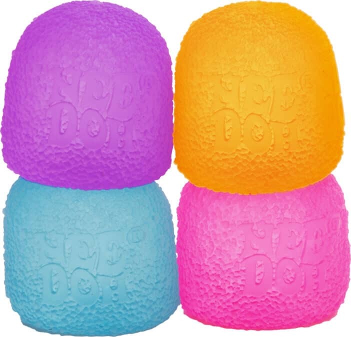 Set of four colorful Needoh Gumdrop fidget toys by Schylling. The gumdrops are in vibrant purple, orange, blue, and pink colors, designed for sensory play and stress relief. Each toy features a unique textured surface that enhances tactile stimulation, providing a satisfying squeeze and fidget experience.