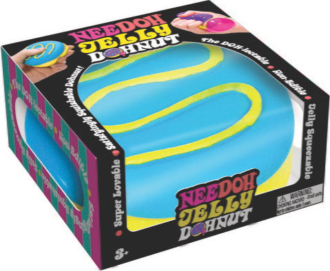 The Needoh Jelly Donut is a colorful, squishy fidget toy shaped like a donut, featuring bright blue and yellow detailing. The product is packaged in a vibrant box, showcasing its fun design. Ideal for stress relief and sensory play, this fidget toy is suitable for children and adults alike.