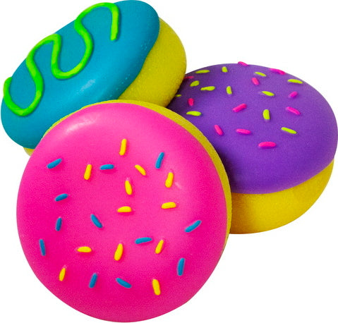 A colorful set of three Needoh Jelly Donuts by Schylling, featuring vibrant pink, purple, and blue designs with playful frosting patterns. These squishy, fun stress relief toys are perfect for fidgeting.