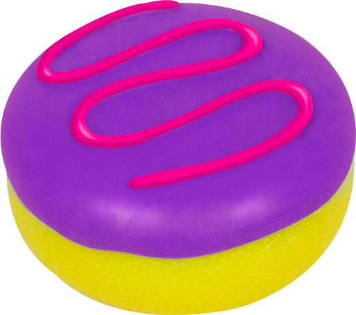 Needoh Jelly Donuts by Schylling, featuring a vibrant purple and yellow fidget toy shaped like a donut. The top has playful pink icing swirls, making it an eye-catching addition to any collection. Ideal for sensory play and stress relief.