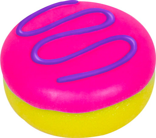 Colorful Needoh Jelly Donuts fidget toy by Schylling. The donut features a bright pink top with purple squiggles and a yellow base, designed for sensory play and stress relief.