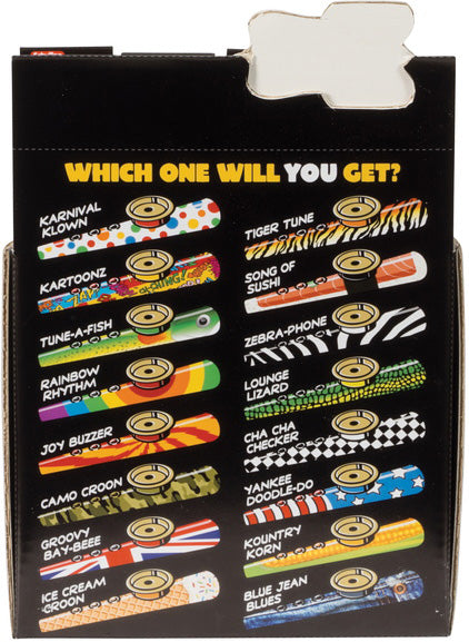 An assortment of Krazy Kazoos by Schylling displayed on a colorful packaging. The kazoos feature various fun designs, including patterns like tiger stripes, polka dots, and camouflage. Each kazoo is labeled with its unique name, such as 'Karnival Klown', 'Zebra-Phone', and 'Ice Cream Crazn'. The package invites customers to discover which kazoo they will receive, enhancing the excitement of this musical toy.
