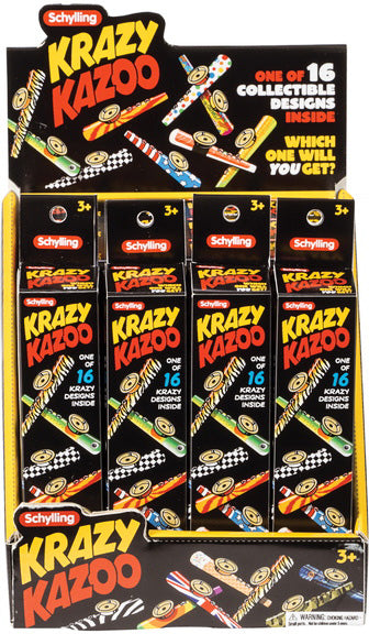 Five colorful Krazy Kazoos displayed in a rack with a prominent sign indicating 'Krazy Kazoo'. Each kazoo features unique designs, with text highlighting 'One of 16 collectible designs inside'. Suitable for ages 3 and up.