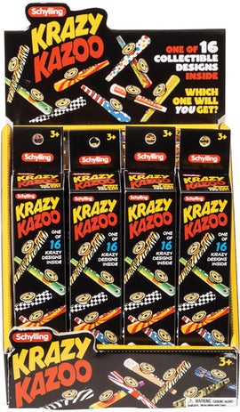 Five colorful Krazy Kazoos displayed in a rack with a prominent sign indicating 'Krazy Kazoo'. Each kazoo features unique designs, with text highlighting 'One of 16 collectible designs inside'. Suitable for ages 3 and up.