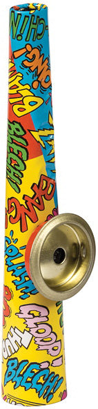 A colorful Krazy Kazoo from Schylling, featuring a vibrant design with playful graphics in red, yellow, and blue. The instrument is cone-shaped with a metallic opening for sound production, perfect for playful music-making and fun activities.