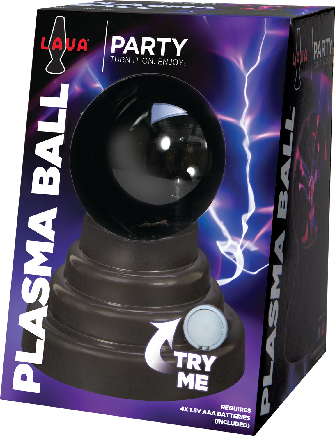 A 3-inch plasma ball from Schylling, designed for interactive fun. The black base holds a glass sphere that emits colorful electrical arcs when activated, creating a mesmerizing display perfect for parties or as a decorative item. The packaging features vibrant colors with text indicating it requires 4 AAA batteries (included) and a button labeled 'Try Me'.