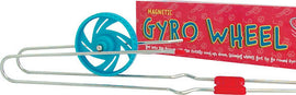 The Magnetic Gyro Wheel by Schylling features a colorful blue wheel attached to a sturdy metal frame. The packaging in the background highlights the product name with playful graphics, inviting users to explore its spinning motion and magnetic properties. Ideal for science enthusiasts and creative minds, this toy offers an engaging experience with hands-on fun.