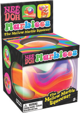 Nee Doh Marbleez - The Mellow Marble Squeeze toy box. The box features a multicolored, marbleized stress ball illustration and is designed with vibrant colors.