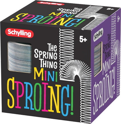 Mini Sproing by Schylling, a colorful and playful spring toy in a compact box, designed for children aged 5 and up. Perfect for fidgeting and creative fun.