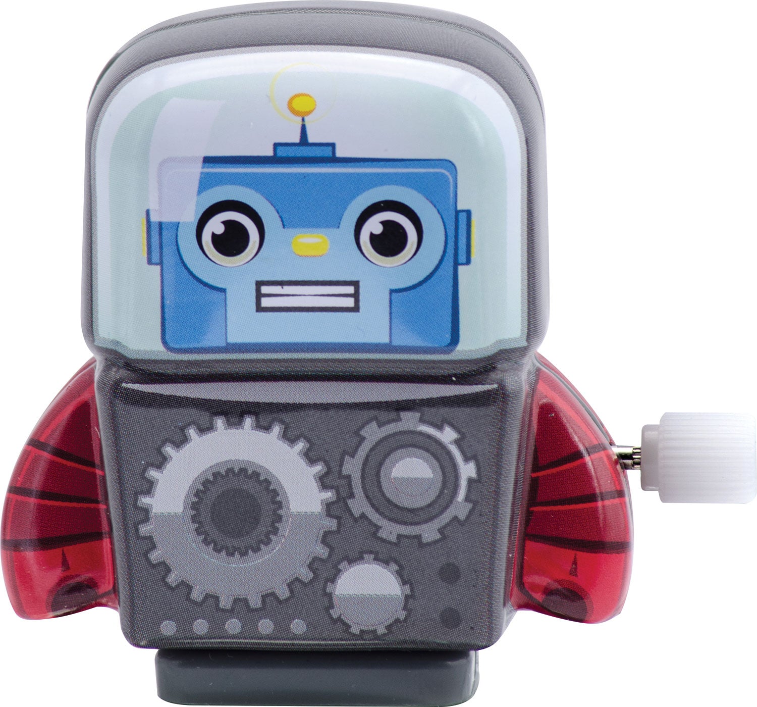 A colorful miniature tin robot toy featuring a blue face with large eyes, a yellow button nose, and red arms. The robot design includes gears and mechanical details on its body, perfect for collectors and children.