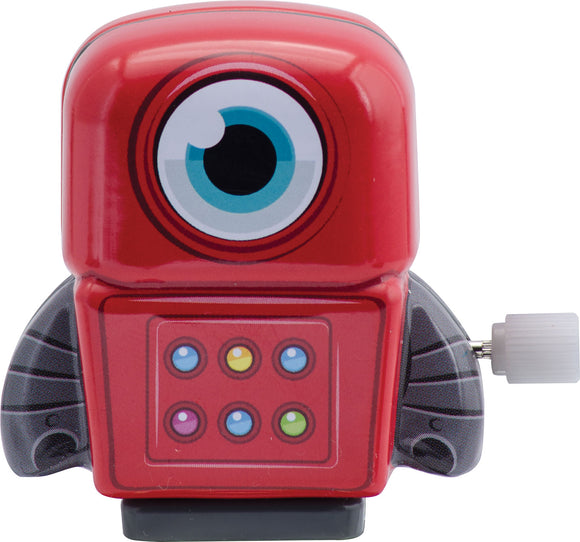 A small, colorful tin robot toy in a red color with a prominent blue eye and control buttons on its chest. It features mechanical details with a winding key on the side, perfect for children and collectors alike.