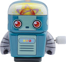 A cute miniature tin robot with a blue body, colorful buttons, and expressive eyes. The robot features a clear dome head with a retro design and has a winding key on its side, making it a charming collectible toy for both kids and adults.