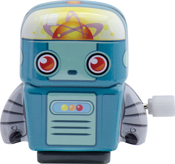 A cute miniature tin robot with a blue body, colorful buttons, and expressive eyes. The robot features a clear dome head with a retro design and has a winding key on its side, making it a charming collectible toy for both kids and adults.