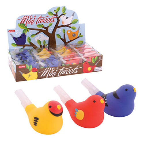 A colorful display of Mini Twets Bird Whistles by Schylling. The image features three bird-shaped whistles in vibrant colors: yellow, red, and blue, arranged in front of a whimsical background depicting a tree and various birds. The box of whistles showcases multiple colors, making it an attractive toy for fun and entertainment.