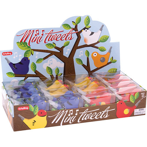 A colorful display of Mini Tweets Bird Whistles by Schylling. The box features an illustration of a tree with birds and musical notes, showcasing various bright-colored bird-shaped whistles arranged neatly in rows. Ideal for party favors, these fun, engaging toys make delightful sounds.