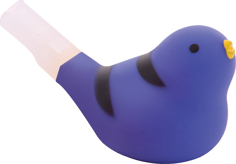 A colorful Mini Twets Bird Whistle by Schylling, designed in the shape of a blue bird with black stripes and a yellow beak. This whimsical whistle is perfect for playful fun and engages users, making it a delightful fidget toy for all ages.