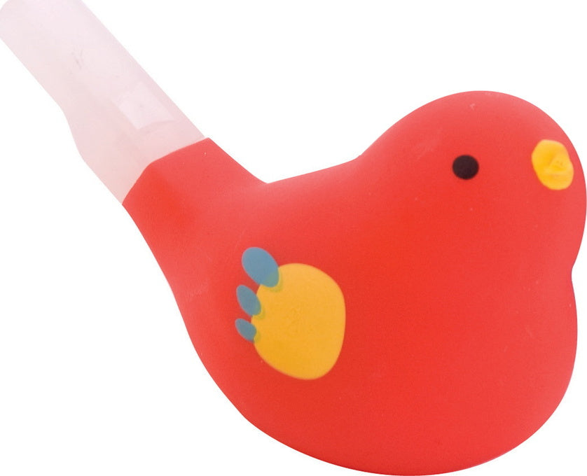 A vibrant red Mini Twets Bird Whistle by Schylling, shaped like a cartoon bird. The whistle features a small yellow beak and colorful blue and yellow feet, perfect for playful outdoor sound-making and fun activities.