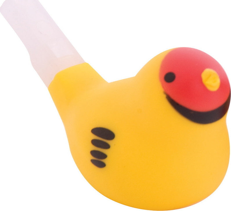 A bright yellow bird-shaped whistle with a red head, made of soft rubber. The whistle features black detailing on its body and a transparent mouthpiece.