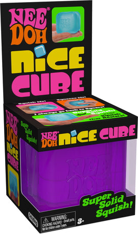 The Nice Cube NEE DOH by Schylling is a colorful, squishy fidget toy designed for stress relief and sensory play. It features a bright purple see-through case showcasing a blue cube with 'NEE DOH' embossed on it. The packaging includes playful graphics that emphasize the fun, squishy nature of the toy, making it appealing for children and adults alike.