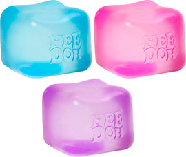 The Nice Cube NEE DOH by Schylling features three colorful, textured stress balls in vibrant shades of blue, pink, and purple. Each cube is designed for fidgeting and stress relief, made from a soft, squishy material that returns to its original shape after being squeezed. Ideal for both kids and adults, these fidget toys promote relaxation and sensory stimulation.