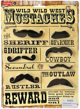 The Wild West Mustaches by Schylling features a variety of six mustache styles displayed on a rustic background. Each mustache is labeled with playful names like 'The Sheriff', 'The Farmer', 'Mr. Drifter', 'Cowboy', 'Scoundrel', 'The Outlaw', and 'Rustler', inviting fun and creative play. Ideal for costume parties, playtime, or as a whimsical accessory for themed events.