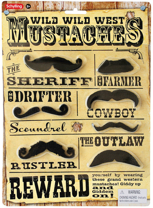 The Wild West Mustaches by Schylling features a variety of six mustache styles displayed on a rustic background. Each mustache is labeled with playful names like 'The Sheriff', 'The Farmer', 'Mr. Drifter', 'Cowboy', 'Scoundrel', 'The Outlaw', and 'Rustler', inviting fun and creative play. Ideal for costume parties, playtime, or as a whimsical accessory for themed events.