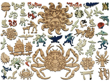 Puzzle pieces shaped like crabs, fish, and other seaside-themed objects & animals