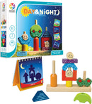 SmartGames Day & Night mechanical puzzle for preschoolers featuring colorful wooden components. The game includes a challenge booklet with 48 visual puzzles and a variety of stackable pieces shaped like houses, trees, and characters. Designed for children aged 3 and up, it promotes problem-solving and fine motor skills through fun, interactive play.