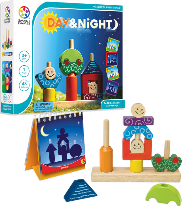 SmartGames Day & Night mechanical puzzle for preschoolers featuring colorful wooden components. The game includes a challenge booklet with 48 visual puzzles and a variety of stackable pieces shaped like houses, trees, and characters. Designed for children aged 3 and up, it promotes problem-solving and fine motor skills through fun, interactive play.